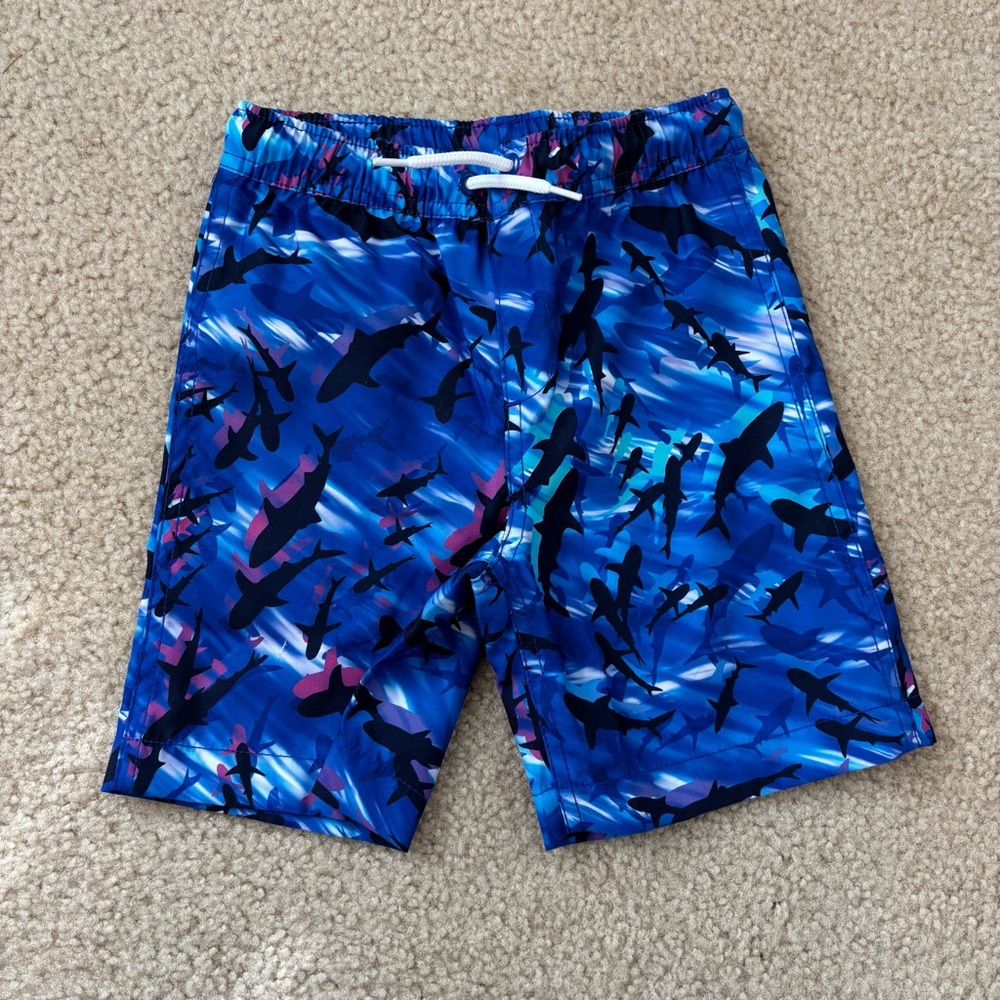 Lands' End Boys Blue Shark Print Swim Shorts Size XS 4-5 NWOT